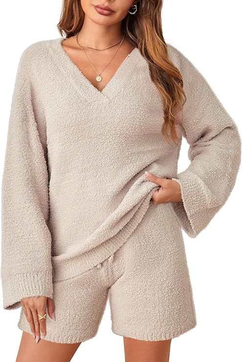 MEROKEETY Women's 2 Piece Outfits Fuzzy Fleece Sweater Set Long Sleeve Tops and Shorts Pajamas Se... | Amazon (US)