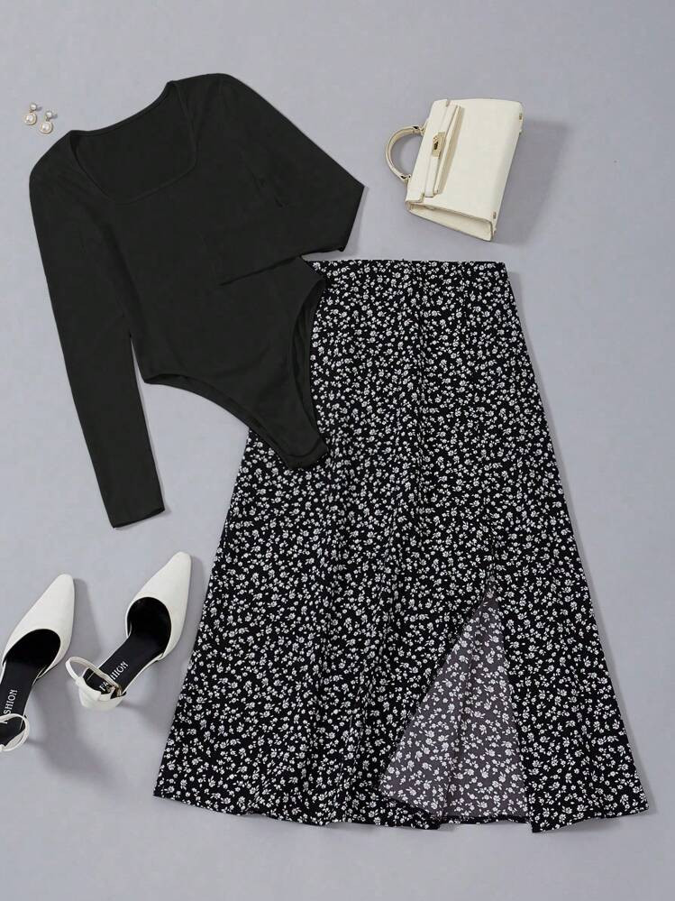 SHEIN Frenchy 2pcs Set: Casual Solid Color Jumpsuit & Ditsy Floral Split Mini Skirt, Autumn | SHEIN