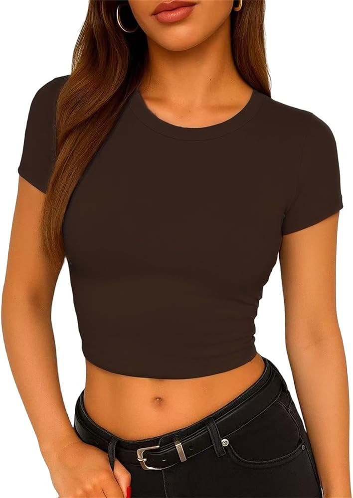 ForeFair Women's Casual Going Out Crop Tops Crew Neck Slim Fit Short Sleeve Basic Tight T Shirts | Amazon (US)