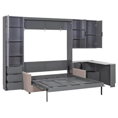 Queen Murphy Bed With Sofa Couch, L Shaped Desk And Storage Cabinet, Drawers | Wayfair North America