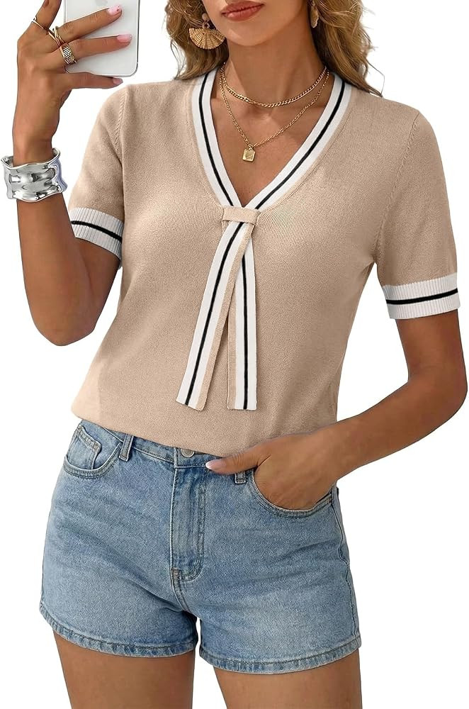 Dokotoo Women's Lightweight Knit Top 2026 Chic V Neck Short Sleeve Sweater Cute Summer Tops Comfo... | Amazon (US)