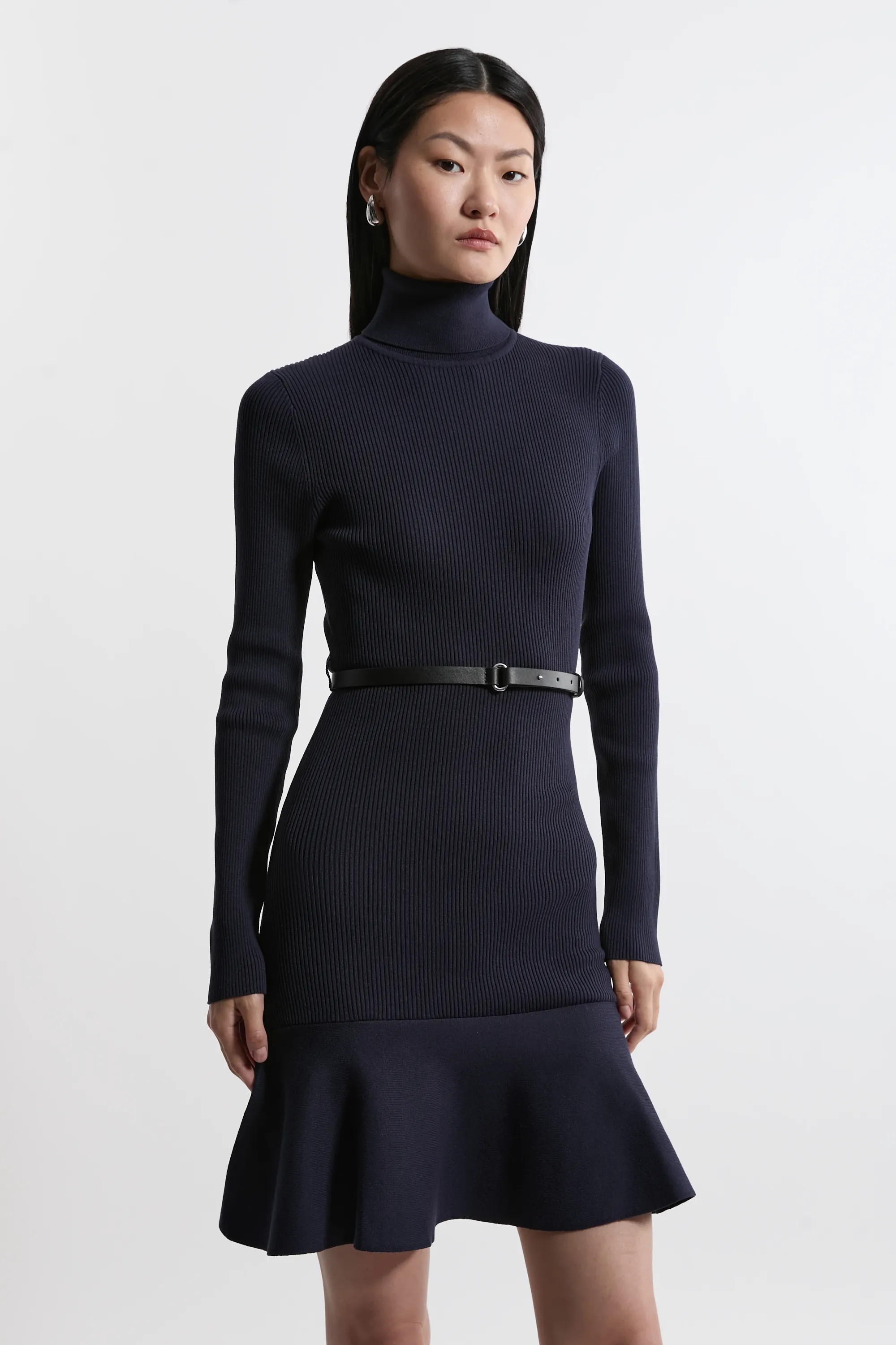 Viscose Blend Knit Roll Neck Belted Flippy Hem Mini Dress | Karen Millen UK + IE + DE + NL