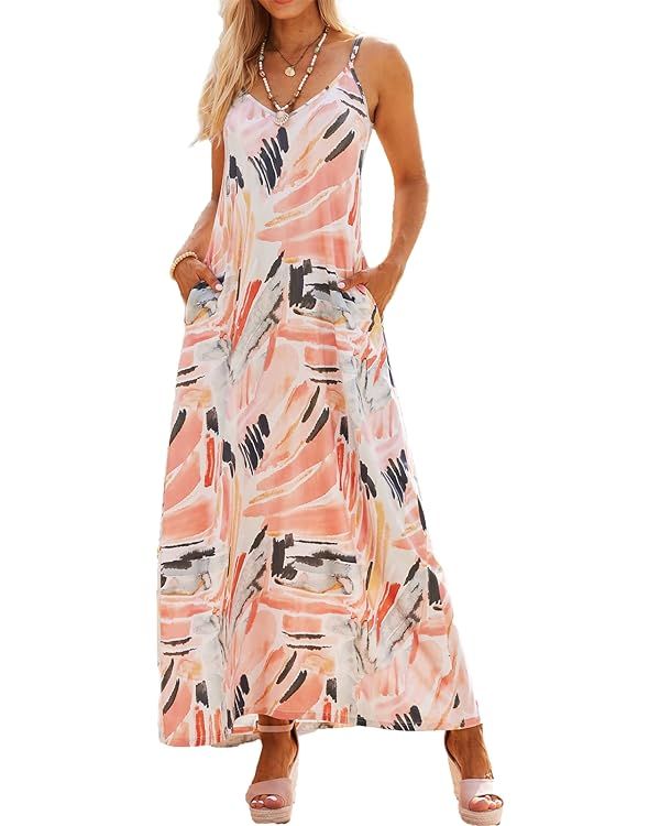 Supnier Women's Summer Maxi Dress Casual V-Neck Sleeveless Bohemian Spaghetti Strap Floral Long M... | Amazon (US)