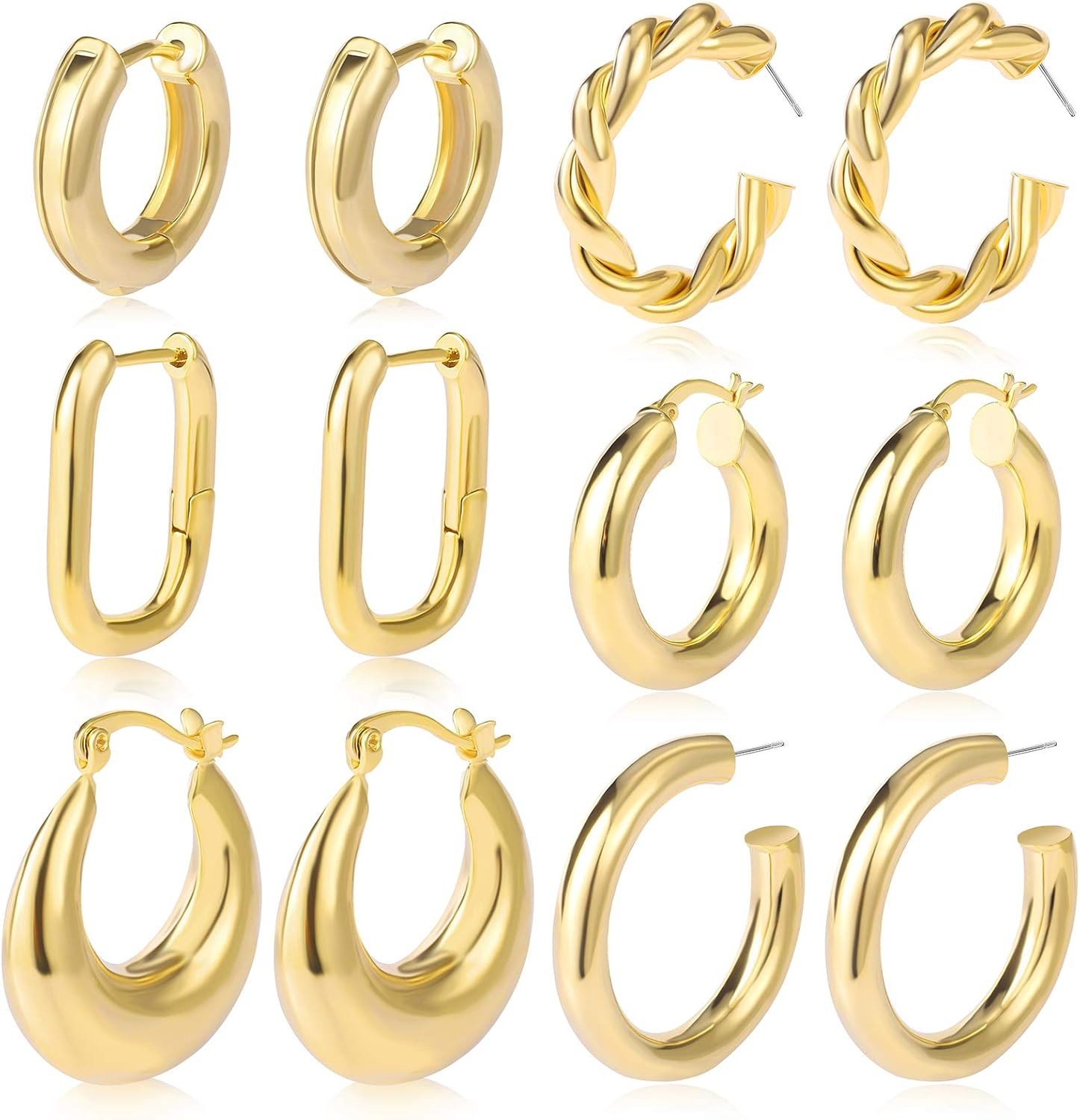 6 Pairs Chunky Gold Hoop Earrings Set for Women 14K Gold Plated Hypoallergenic Thick Open Huggie Hoop Set Jewelry for Gifts | Amazon (US)