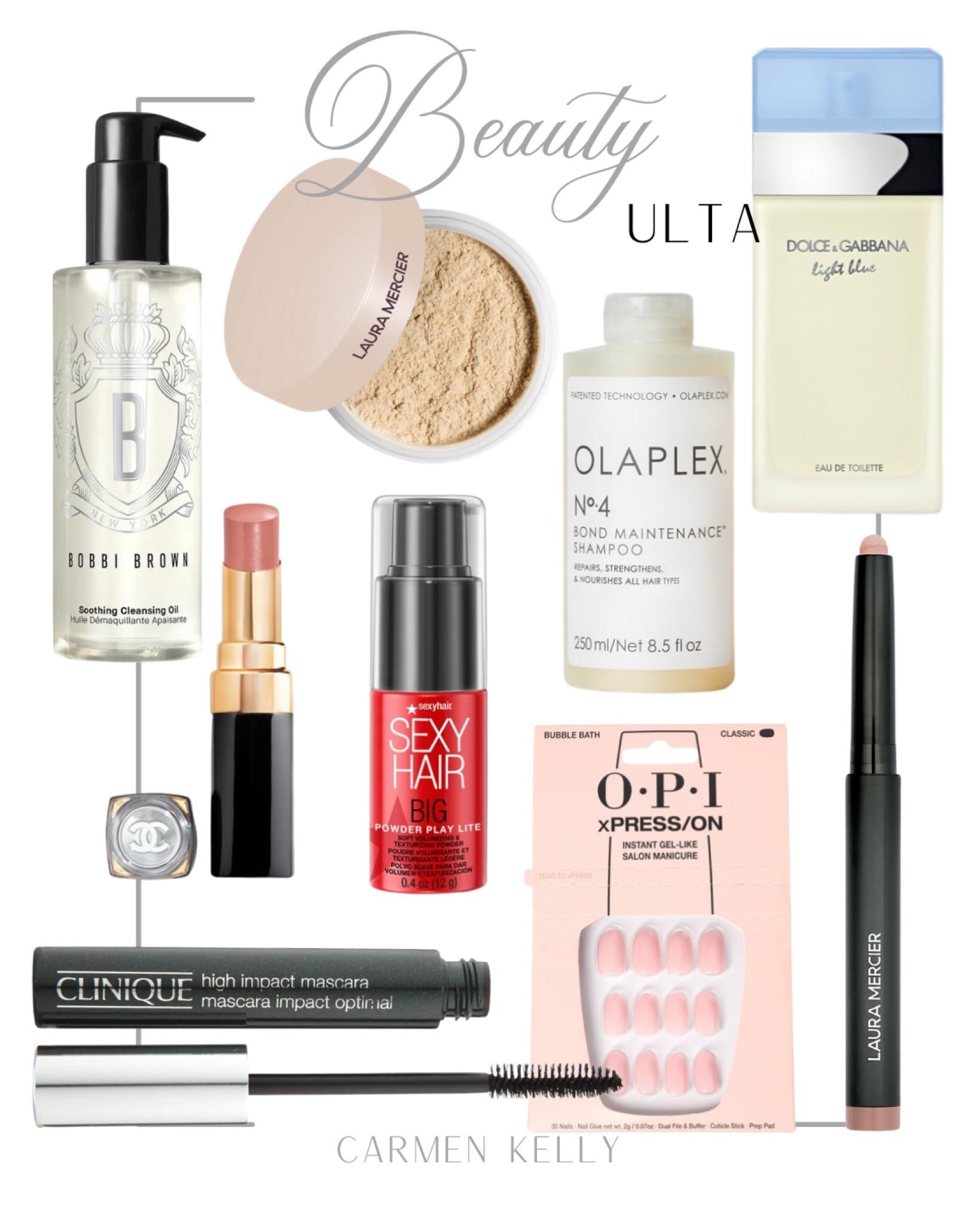 Beauty makeup nail polish lipstick fragrance perfume shampoo powder pedicure lipgloss skincare mascara cleaner eyeliner cotton balls Bobbi Brown OPI Dior Laura Mercier Clinique OLAPLEX Chanel Dolce & Gabbana Living proof ULTA 

 

#LTKOver40 #LTKGiftGuide #LTKBeauty