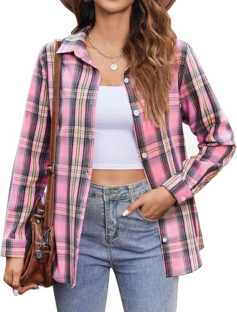 Zeagoo Flannel Shirt Women Button Down Long Sleeve Plaid Shirts Collared 2024 Casual Work Tops S-... | Amazon (US)