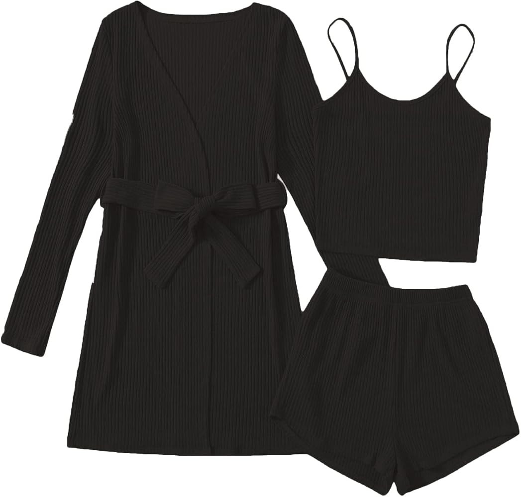 Verdusa Women's 3 Piece Cami Top & Shorts Lounge Sleepwear Pajama Set with Robe | Amazon (US)