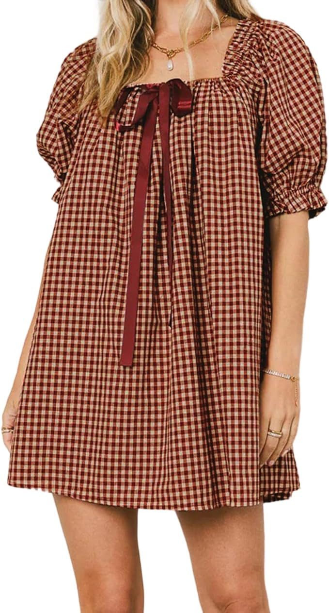 Women Gingham Short Dress Puff Sleeve Bow Tie Square Neck Plaid A-Line Babydoll Mini Dress | Amazon (US)