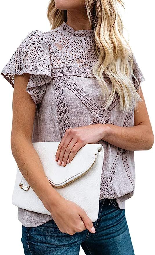 ZXZY Women Cute Lace Blouse Top Short Sleeve Lace Hollow Out Turtle Neck T Shirt | Amazon (US)