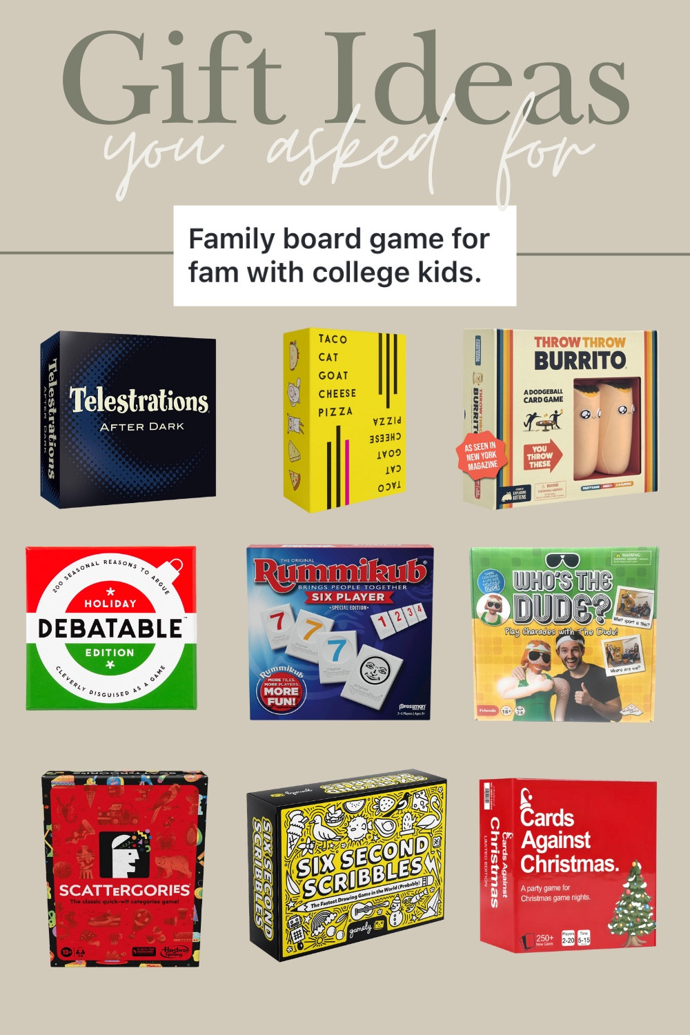 Family board game ideas for parents with kids in college or teens! 

#FamilyGifts #FamilyGames #ScreenFreeGames #ScreenFreeIdeas

#LTKHome #LTKGiftGuide #LTKFamily