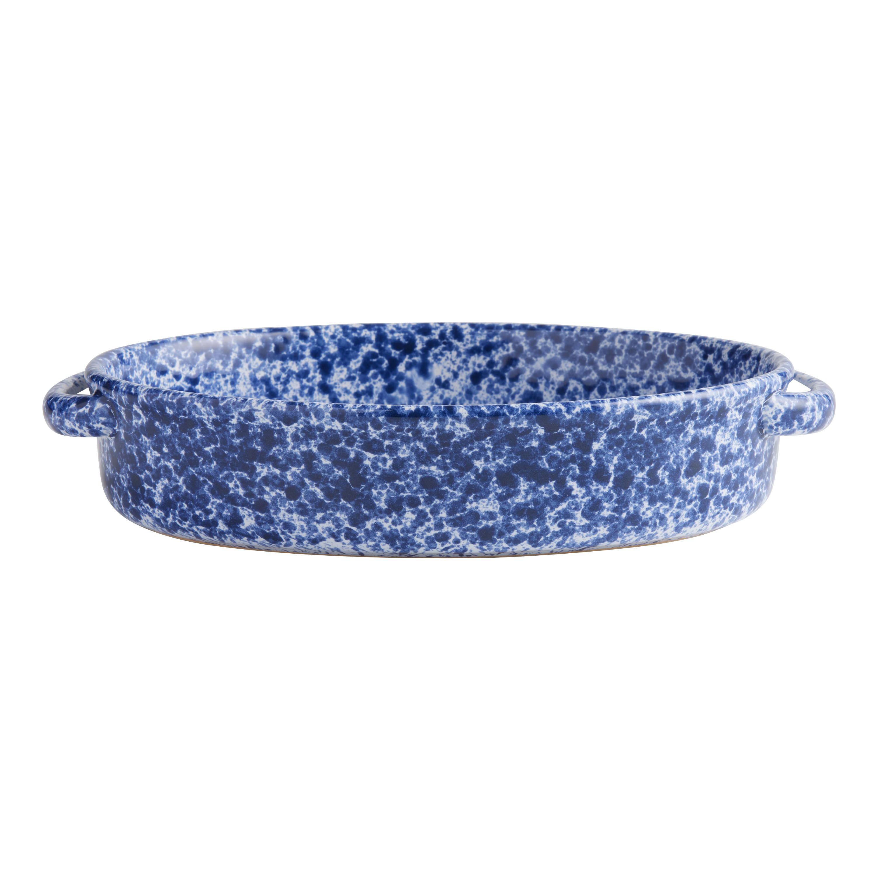 Awaken Oval Blue and White Speckled Ceramic Baker | World Market