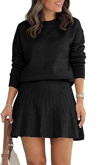 Tankaneo Womens Skirt 2 Piece Sweater Set Long Sleeve Crewneck Sweaters Pleated Mini Skirt Knit L... | Amazon (US)