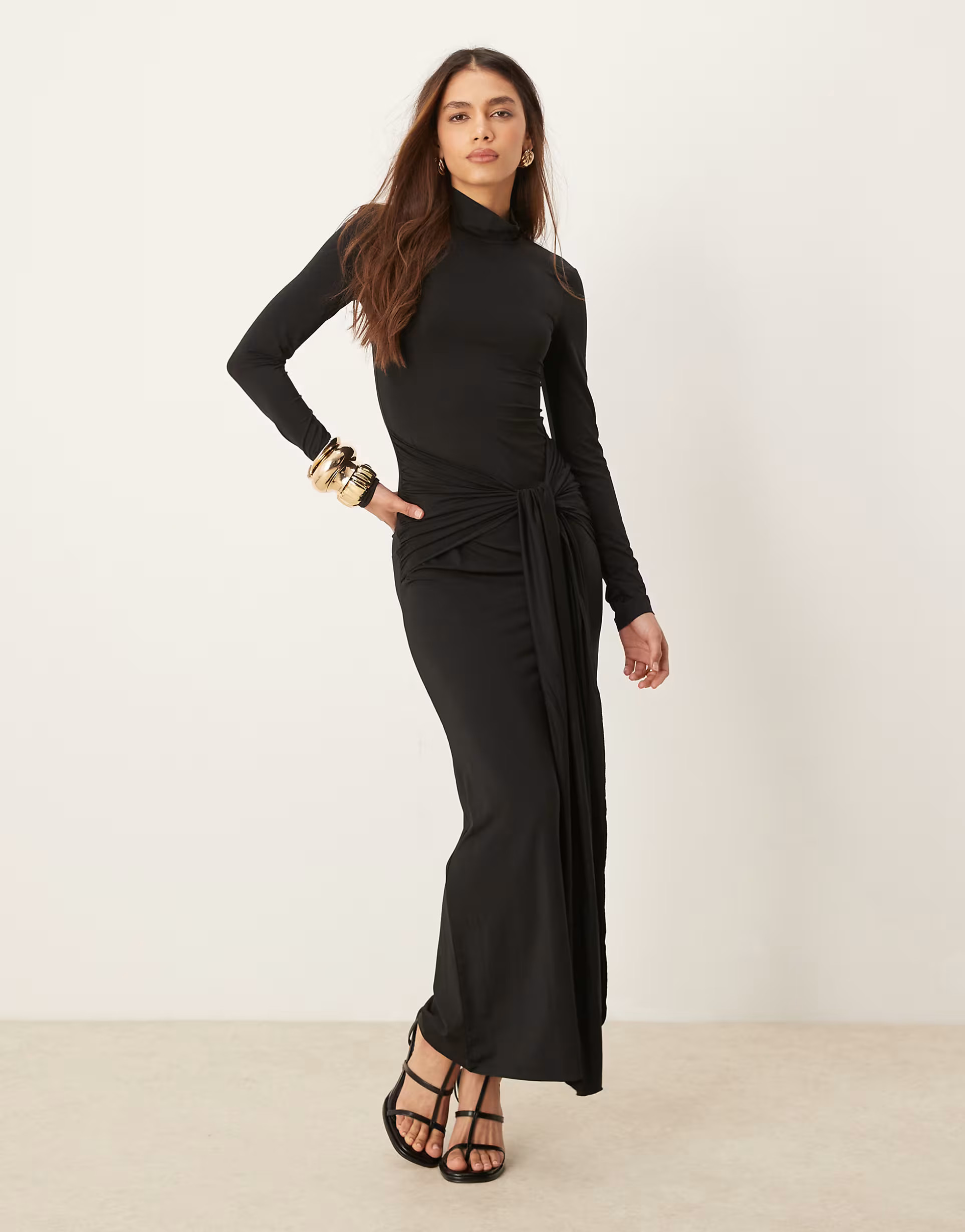 Gina Tricot long sleeve turtle neck maxi dress with tie front side detail in black | ASOS (Global)