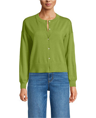 Lands' End Women's Cropped Fine Gauge Crew Neck Cardigan Sweater - Macy's | Macy's