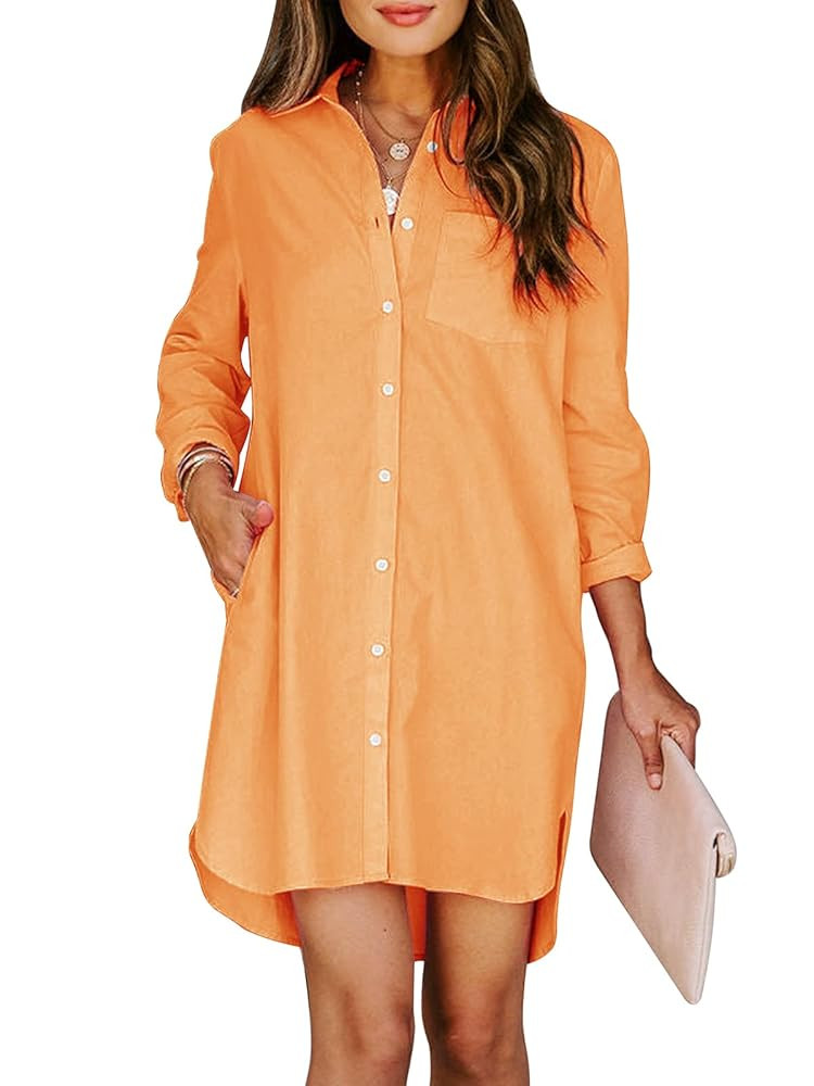 Womens Button Down Shirt Dresses with Pockets Cotton Button Up Tunics Long Sleeve Solid High Low ... | Amazon (US)