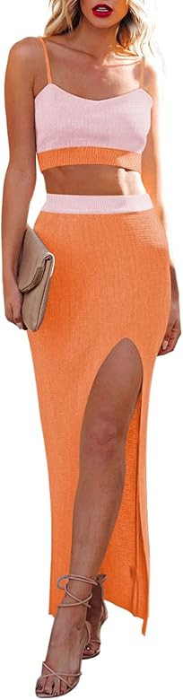 Women's Knit Cami Crop Top High Slit Bodycon Long Skirt Set 2 Piece Dress Outfits | Amazon (US)