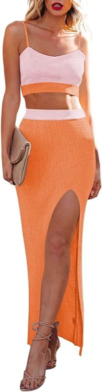Women's Knit Cami Crop Top High Slit Bodycon Long Skirt Set 2 Piece Dress Outfits | Amazon (US)