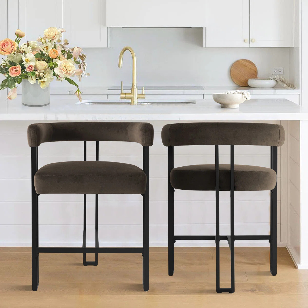 Mekah Set of 2 Mdern 24" Upholstered Velvet Solid back Counter Stool | Wayfair North America
