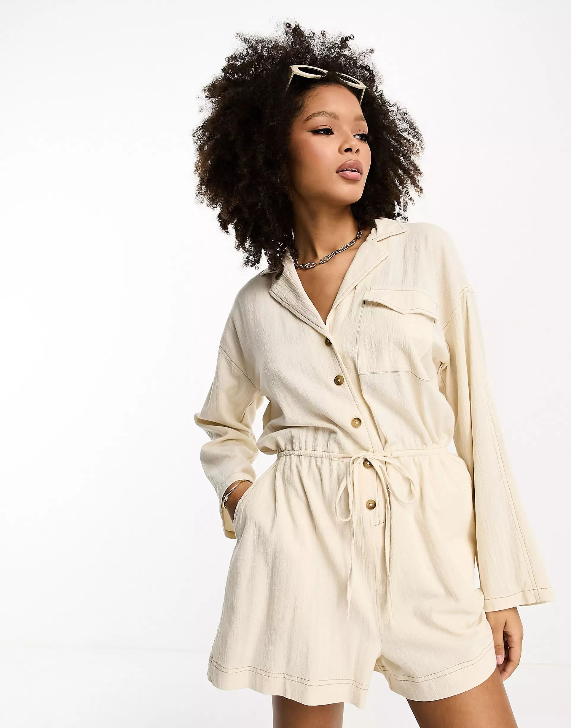 ASOS DESIGN slouchy linen look shirt romper with long sleeve in oatmeal | ASOS (Global)