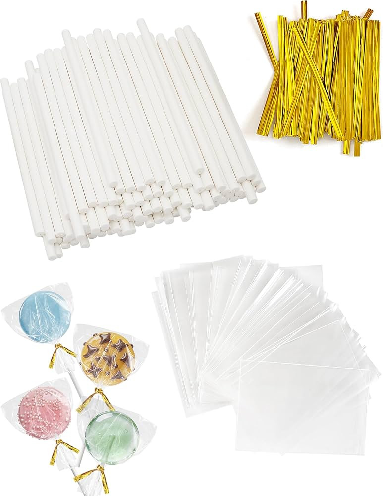 3.5mm White Lollipop Sticks and Bags Set, 100Pcs 4-inch Paper Sticks,100Pcs Clear Bags, 100Pcs Tw... | Amazon (US)