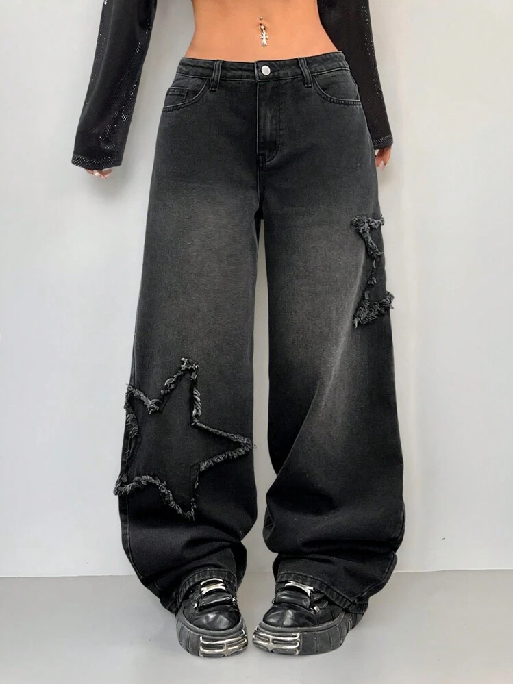 Coolane Women's Y2K Streetwear Denim Star Pattern Dirty Washed Low Rise Pants | SHEIN