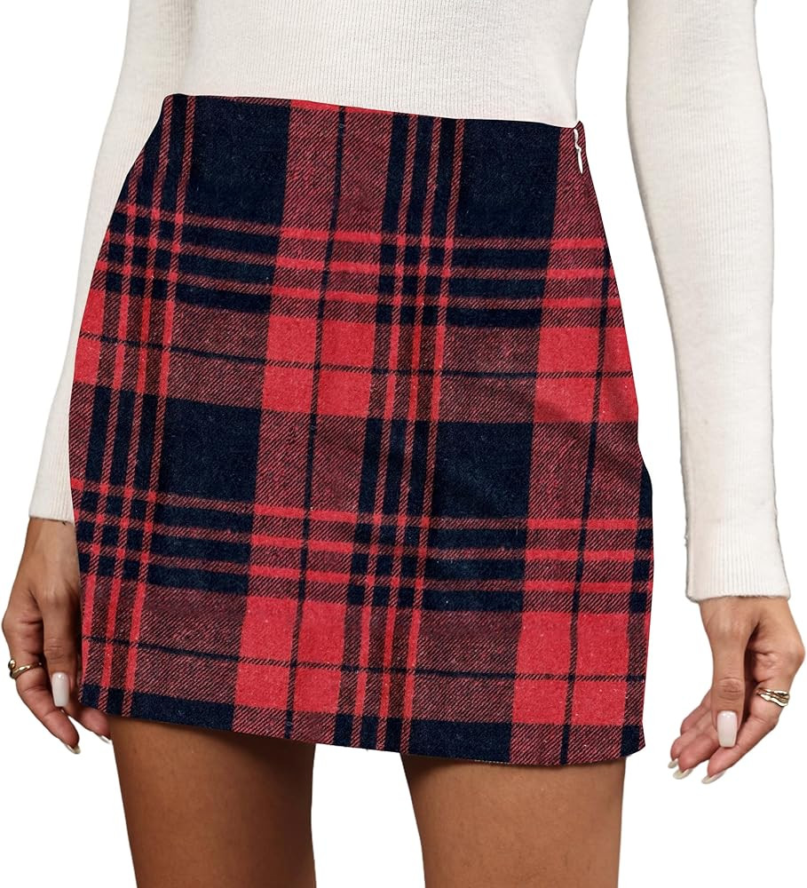 Women's Wool Plaid Flannel Mini Skirt High Waisted Pencil Bodycon Fall Winter Skirts | Amazon (US)