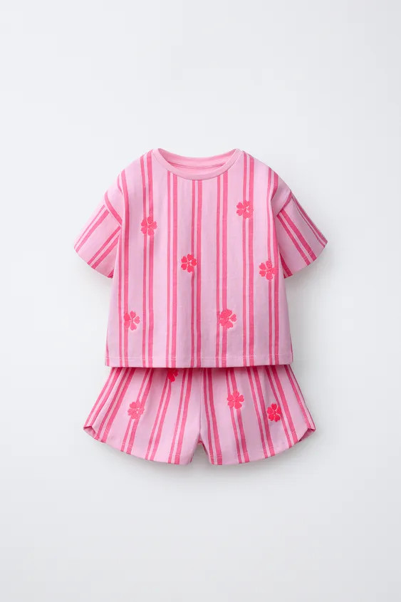EMBROIDERED FLORAL STRIPED TEE AND BERMUDA SET | Zara US