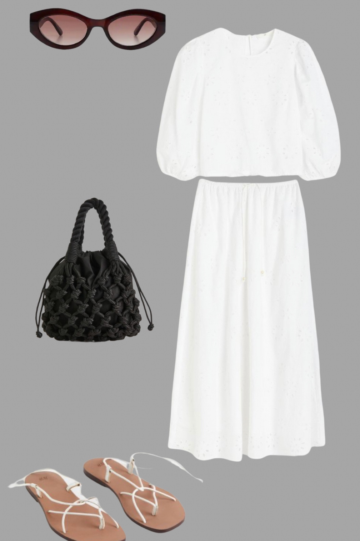 White broderie shirt w and matching cropped top, a little string bag and white strappy flat sandals