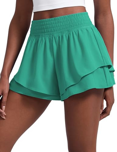 CRZ YOGA Drapey Double Ruffles Athletic Shorts for Women 2.5" - High Waisted Flowy Tennis Workout Running Tiered Skorts Cascadia Green Small | Amazon (US)
