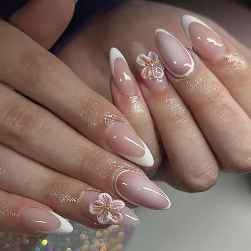 24Pcs 3D Embossed Flower Press on Nails Medium Almond Fake Nails white French Tip with Gold Pearl Design False Nails Cute Pink Floral Glossy Acrylic Artificial Stick Nails for Women DIY Manicure 24Pcs | Amazon (US)