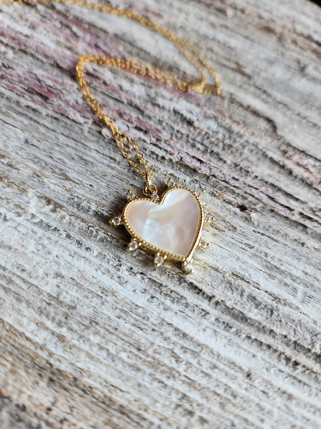 Mother of Pearl Heart Necklace, 14kt Gold Filled Dainty Chain, Cz Faux Diamonds, Gifts for Women,... | Etsy (US)