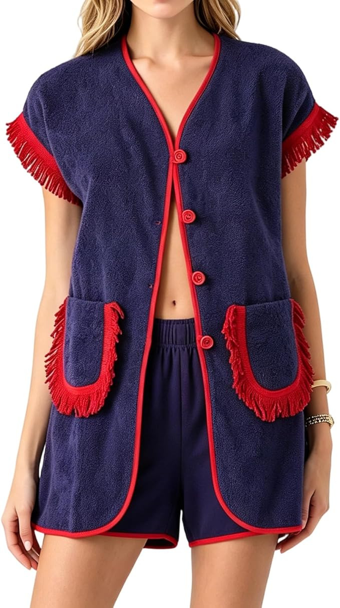 Foidiccx Womens 2 Piece Terry Cloth Fringe Trim Sets With Pockets V Neck Loose Fit Top Elastic Wa... | Amazon (US)