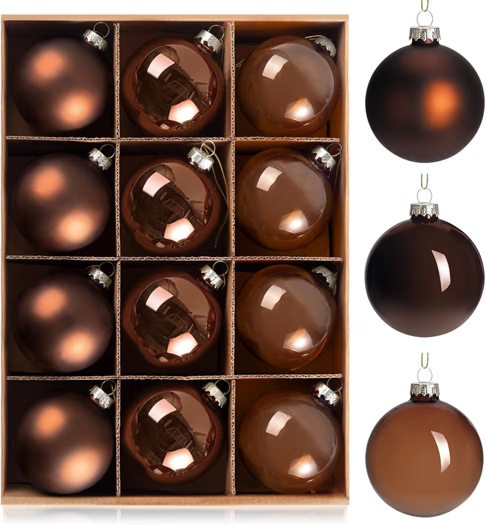 Amandir 12 Pcs Brown Glass Christmas Ball Ornaments, 2.76" Hanging Bulbs Bronze Neutral Christmas... | Amazon (US)