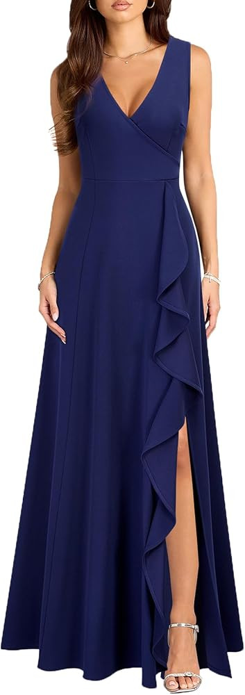MUSHARE Women's V Neck Sexy Split Cocktail Dress with Pockets Ruffle Party Long Formal Dress | Amazon (US)
