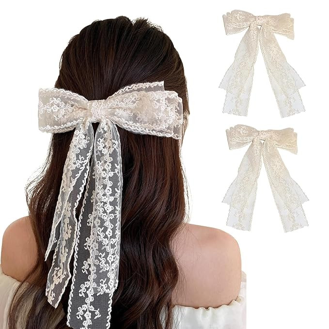 Large Lace Hair Bow Clips for Women Girls | Off White Lace Bows for Hair Weighs Only 0.6 Oz | Cut... | Amazon (US)