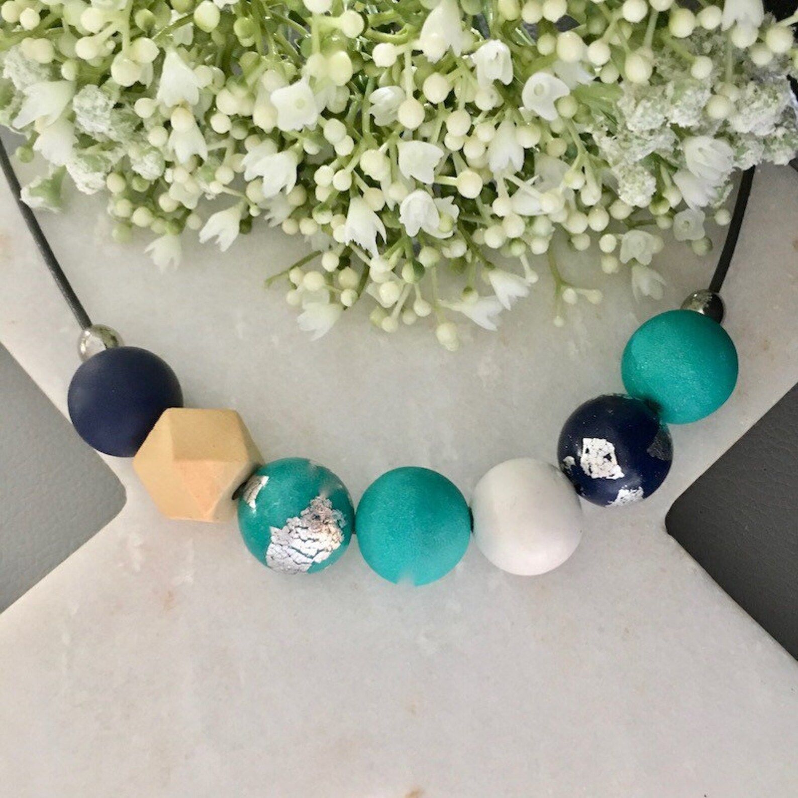 Necklace - Handmade Polymer Clay Necklace - 'ELAINE' - Teal, Navy, WHite - Free Aus SHipping. | Etsy (AU)
