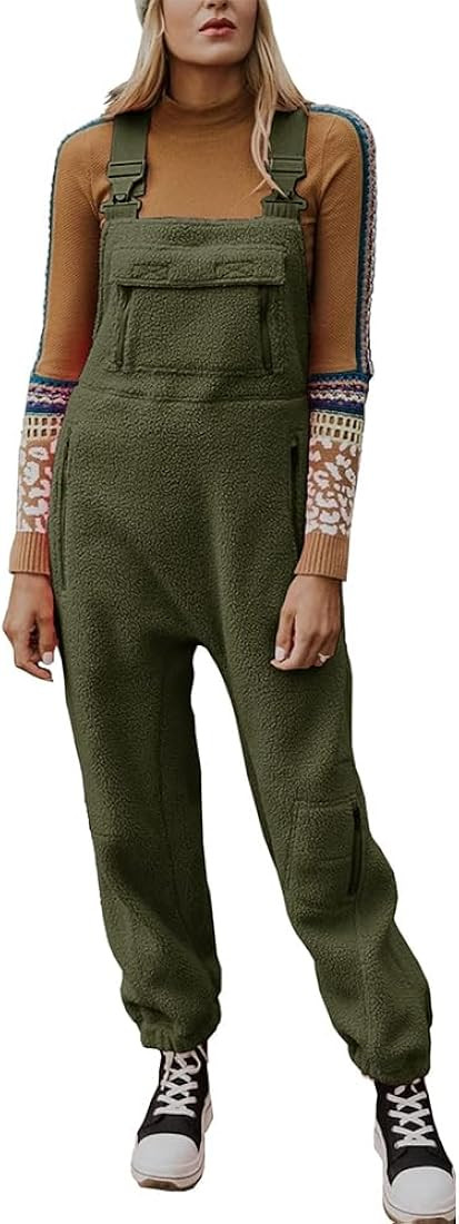 utcoco Womens Fuzzy Fleece Overall Jumpsuits Casual Loose Fit Winter Sherpa Bib Overalls with Poc... | Amazon (US)