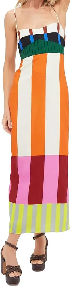 Womens Sexy Spaghetti Strap Colorblock Stripes Printed Bodycon Party Clubwear Dress(B,L) | Amazon (US)