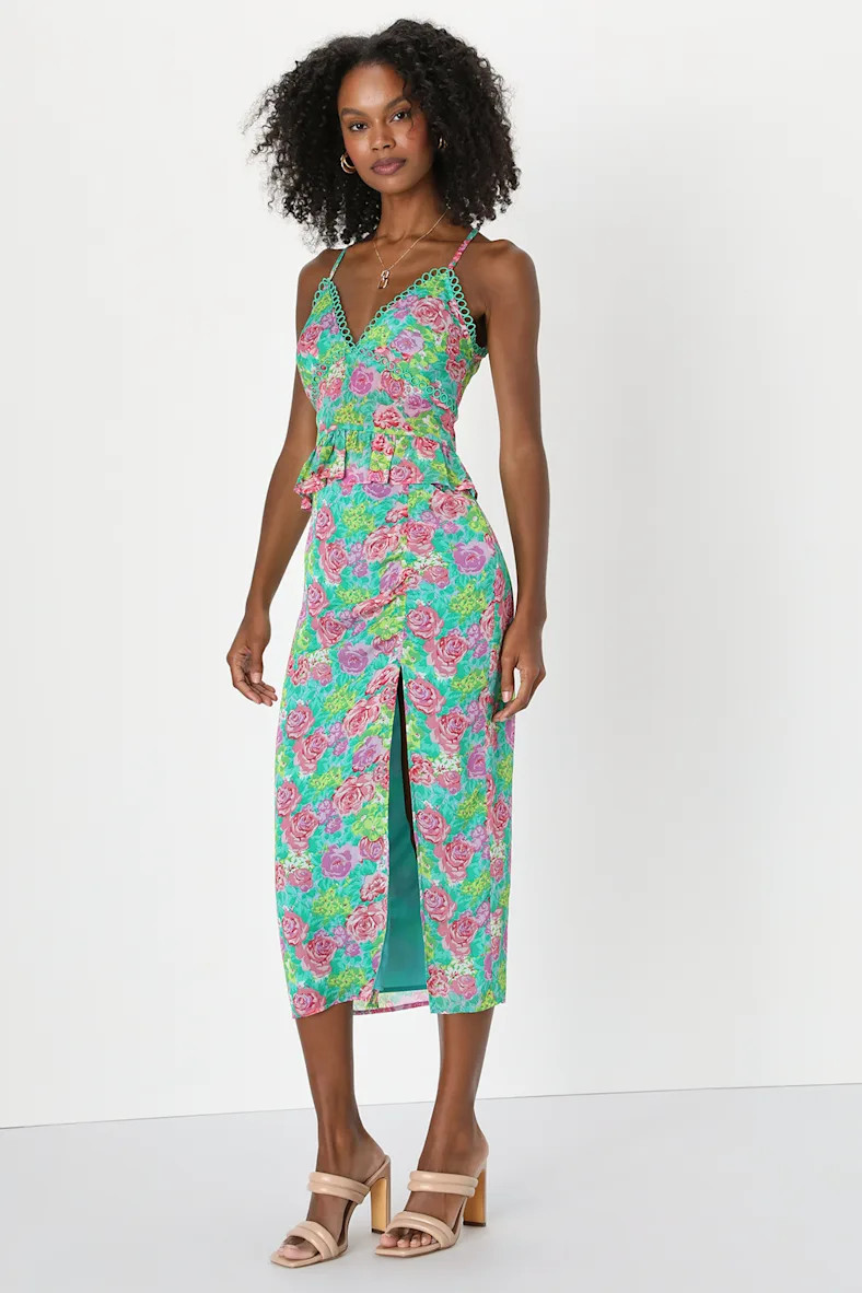 Bouquet, Girl, Hey Green Floral Print Ruched Slit Midi Skirt | Lulus (US)