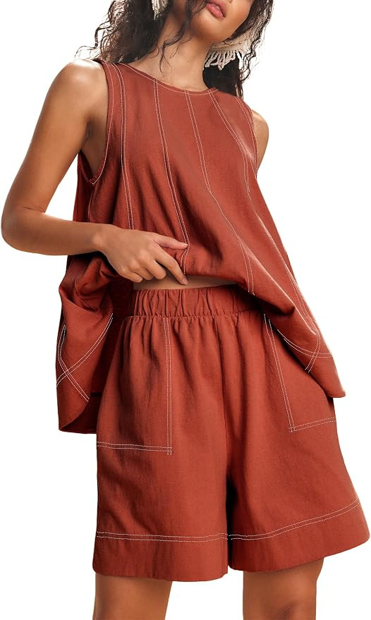 Womens 2 Piece Lounge Set Casual Summer Outfits Sleeveless Tank Top and Elastic Waist Shorts with... | Amazon (US)