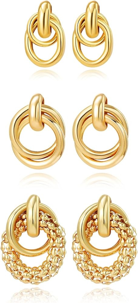14K Gold Plated Chunky Earrings Set for Women, Geometric Drop Dangle Earrings for Women, Knot Lin... | Amazon (US)