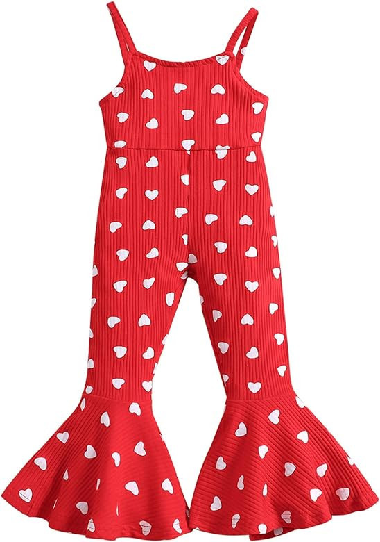 Toddler Baby Girl Valentine's Day Bell Bottom Romper Love Heart Ribbed Halter Strap Flared Jumpsu... | Amazon (US)
