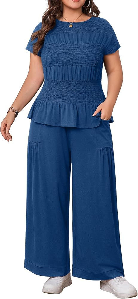 Plus Size 2 Piece Outfits for Women Smocked Top Wide Leg Pants Set Casual Lounge Matching Set wit... | Amazon (US)