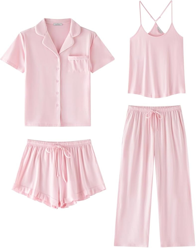 SAPJON Womens Soft Pajama Sets 4 Pcs Button Down Short Sleeve Top and Pants Cami and Ruffle Short... | Amazon (US)
