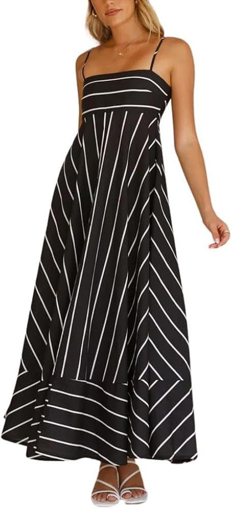 chouyatou Women's Summer Striped Spaghetti Strap Maxi Dress Boho Flowy Swing Back Smocked Beach S... | Amazon (US)