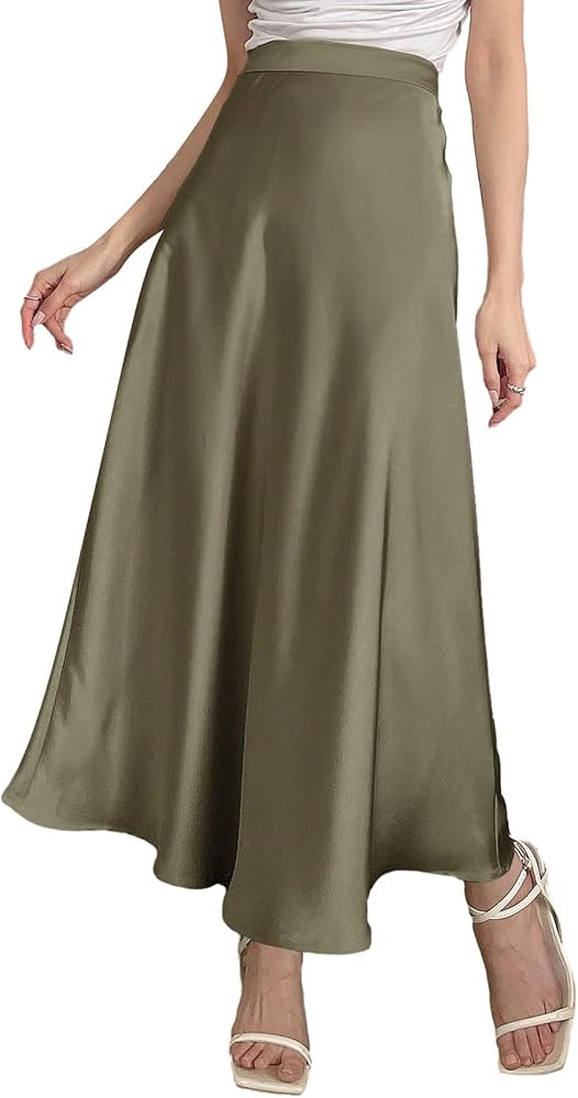 SweatyRocks Women's Satin High Waisted A Line Maxi Skirt Elegant Solid Flowy Party Long Skirts | Amazon (US)