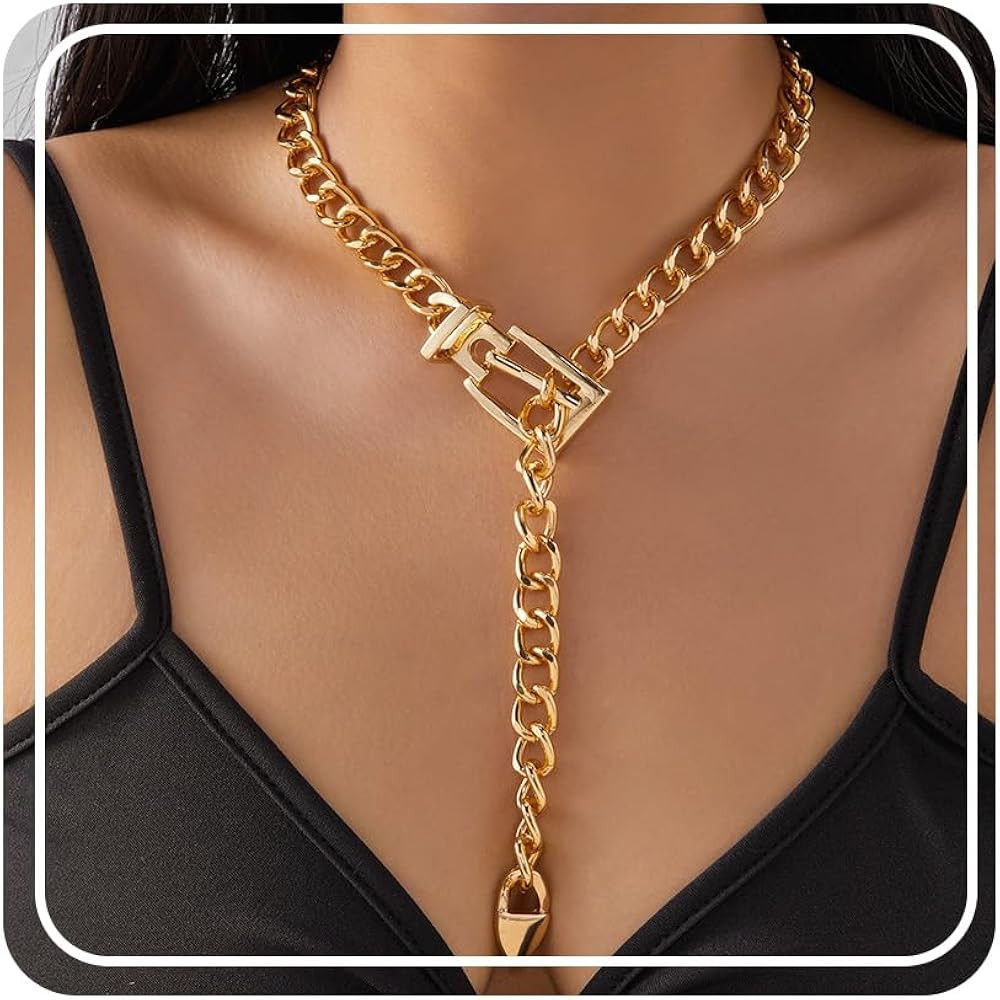 RINHOO FRIENDSHIP Chunky Gold Belt Buckle Necklace Gold Sexy Collar Choker Cuban Link Chain For W... | Amazon (US)