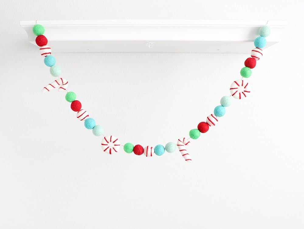 Mini Felt Factory | Christmas Felt Garland ~7 Ft 100% Wool Pom 2.5 cm Balls Candy Cane Peppermint... | Amazon (US)