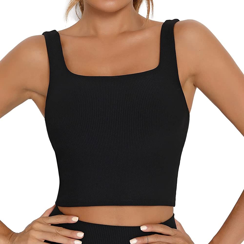 FITTIN Women's Longline Sports Bra - Ribbed Tank Top Built in Bra Workout Camisole Crop Tops | Amazon (US)