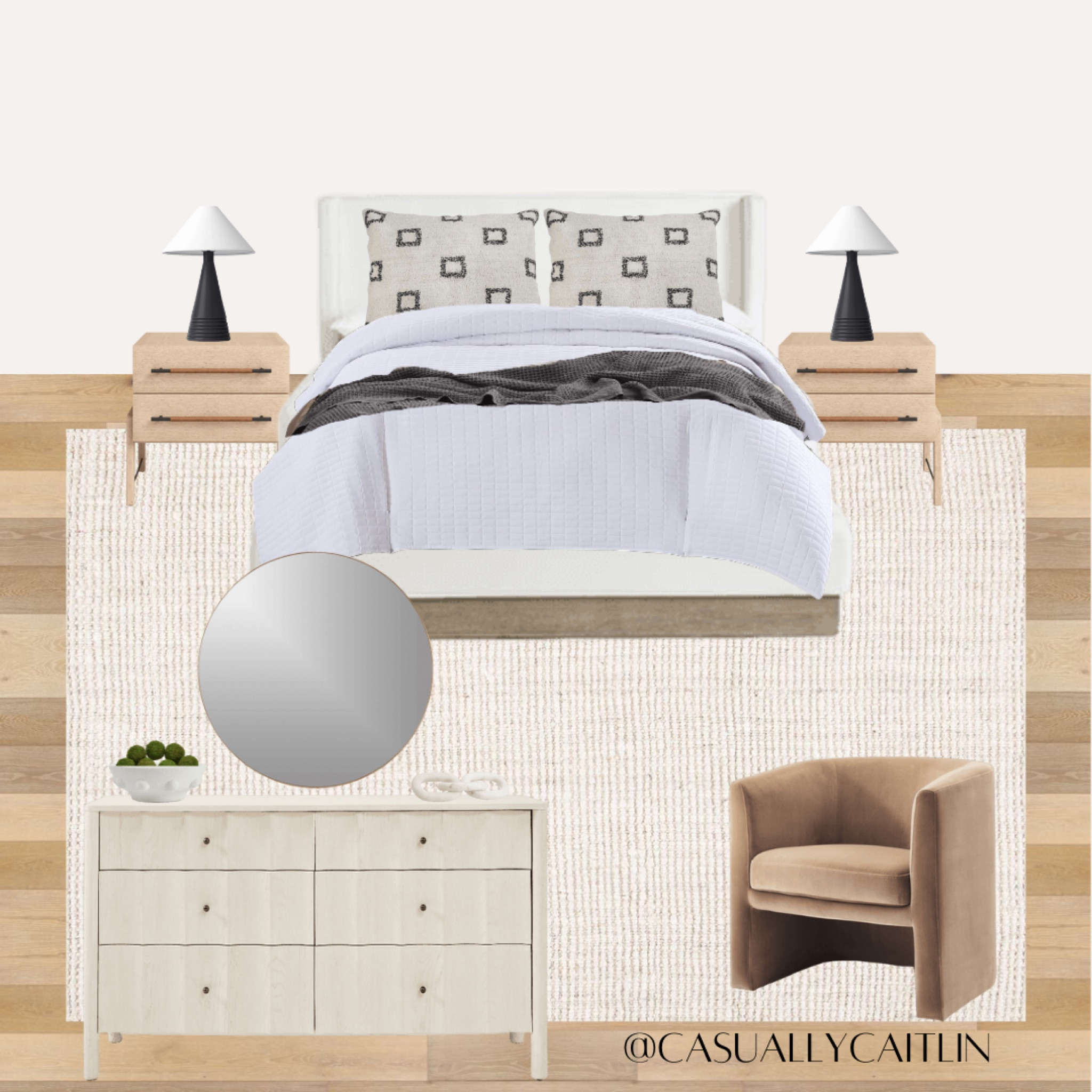 Modern transitional bedroom design ✨

Neutral bedroom, moody bedroom design, design board, white upholstered bed with wood accent, jute rug, throw pillows, pillow styling, light wood nightstand with leather pulls, black table lamp, white dresser, round mirror, dresser styling, accent chair, target chair, bedroom furniture, bedroom styling, transitional decor

#LTKSeasonal #LTKStyleTip #LTKHome